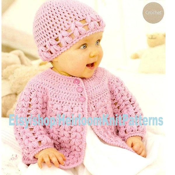 Crochet Baby Jacket & Hat DK Vintage Crochet Pattern 0-7yrs 16-26'' Baby Toddler Girl Crochet Cardigan Hat Instant Digital Download PDF- 729