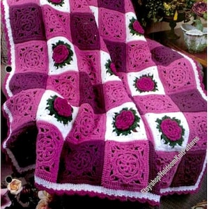 Gingham Rose Afghan Vintage Crochet Pattern Rose and Lace Motif Squares Lap Throw Blanket Bed Cover Bedspread Instant Download PDF - 2443