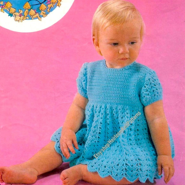 Baby Kleid Vintage Häkelmuster 6 Monate 12 Monate 2 Jahre 4 Jahre 18''-20''-22''-24'' 4 fädig Muschelmuster Strand Sommer Instant Download PDF - 2003