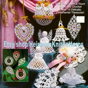 13 Victorian Christmas Ornaments Vintage Thread Crochet Pattern Tree Trim Wedding Decor Angel Heart Wreath Bell Instant Download PDF - 2388