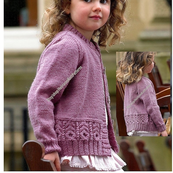 Cardigan pour fille avec torsades, motif de tricot vintage classique col rond 3-4 ; 5-6 ; 7-8 ; 9-10 ans 11 et 12 ans 20-30 pouces Téléchargement instantané PDF-54