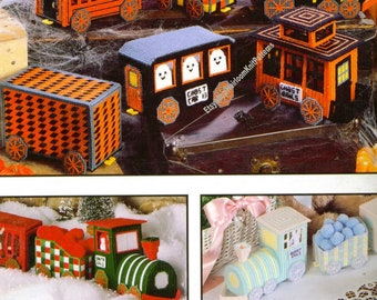 3 Trains Christmas Easter Halloween Vintage Plastic Canvas Pattern Holiday Centerpiece Christmas Tree Display Town Instant Download PDF 3899