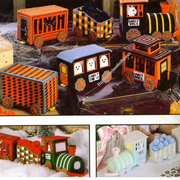 3 Trains Christmas Easter Halloween Vintage Plastic Canvas Pattern Holiday Centerpiece Christmas Tree Display Town Instant Download PDF 3899