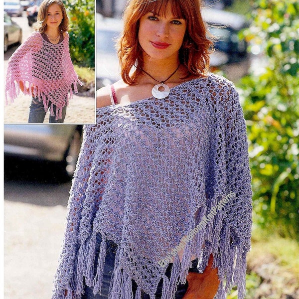Girls Women's Poncho Vintage Knitting Pattern DK 8ply Child Teen Ladies Poncho Stole Wrap Shawl 6 Years to Adult Instant Download PDF - 2105