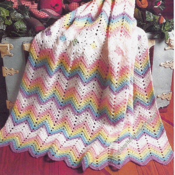 Baby Ripple and Diamond Afghan Blanket Vintage Crochet Pattern PDF Boy Girl Wave Chevron Afghan Cover Sport Yarn Instant Download PDF - 2958
