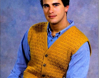 Mens Vest Vintage Crochet Pattern S M L XL 34&#39;&#39;- 48&#39;&#39; Men Teen Boy Button-Front Vest Waistcoat Christmas Gift Idea Instant Download PDF-2285