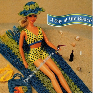 Fashion Doll Beach Accessories Vintage Crochet Pattern Doll Seaside Bag Sun Hat Towel Dollhouse Play Picnic Mat Instant Download PDF- 3901