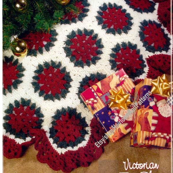 Victorian Christmas Tree Skirt Vintage Crochet Pattern Granny Square Ruffle Edging Holiday Decor Text & Chart Instant Download PDF - 3684