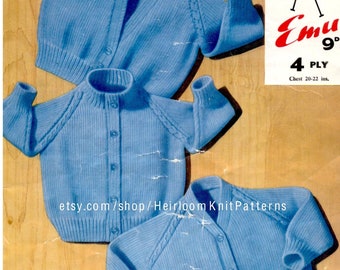 Simple Baby Raglan Cardigans Vintage Knitting 4ply Pattern 20-22'' inch chest 12mths 18mths 2yrs Boy Girl Cable Instant Download PDF - 2055