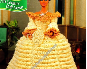 Vintage Crochet Pattern Ball Gown & Fan Fashion Doll Period Dress Costume Clothes Teen Doll 11.5" in 29cm Instant Download PDF- 3025