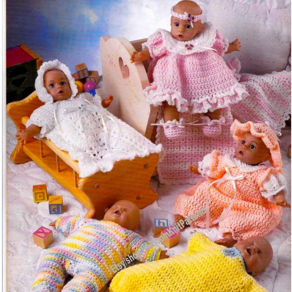 7 trajes Baby Syndee's Canastilla 12 Inc Ropa de muñeca bebé Vintage Patrón de ganchillo Vestido Pijamas afganos Romper Sombrero Descarga instantánea PDF - 2477