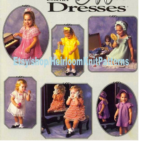 6 ensembles de robes de bébé et accessoires vintage Crochet Pattern PDF Girl Frilly Mesh Party Dress Gants Bonnet Hat Téléchargement instantané PDF - 2453