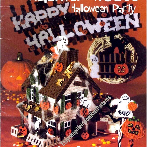Haunted House Vintage Plastic Canvas Pattern PDF Halloween Centerpiece Container Cats Pumpkins Ghosts Wreath Instant Download PDF - 2406