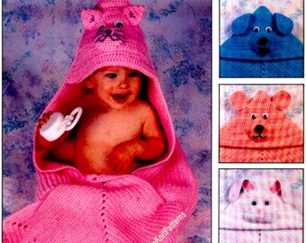 4 Designs Baby Hooded Blanket Vintage Crochet Pattern Animal Blanket Afghan Rabbit Cat Dog Bear in Worsted/ Aran Instant Download PDF - 2172