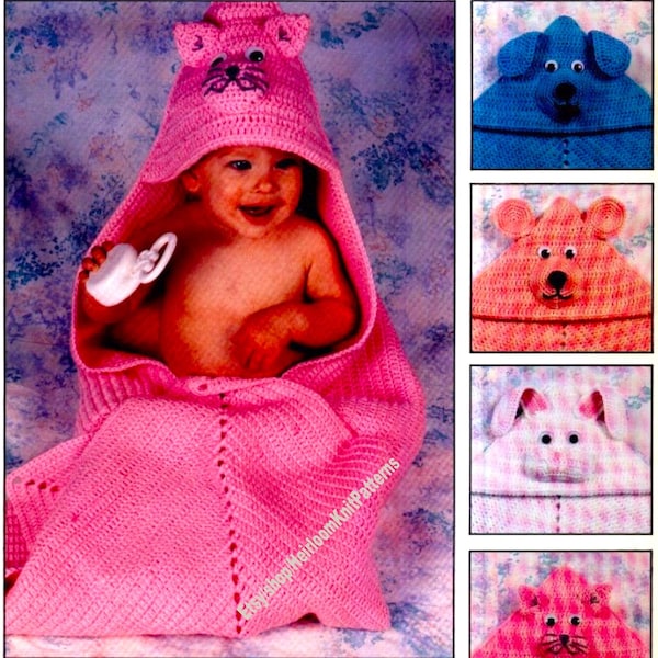 4 Designs Baby Hooded Blanket Vintage Crochet Pattern Animal Blanket Afghan Rabbit Cat Dog Bear in Worsted/ Aran Instant Download PDF - 2172