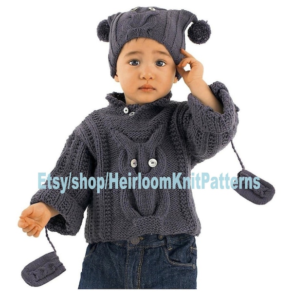 Baby Owl Sweater Hat Mittens Outfit Vintage Knitting Pattern Boy Girl Owl Motif Jumper Pullover Set 3- 12 Months Instant Download PDF - 70