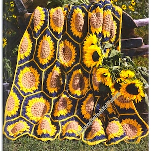 Sunflowers Afghan Vintage Crochet Pattern Hexagon Motif Summer Splendor Frilly Flower Blanket Bedspread Throw Instant Download PDF - 2728