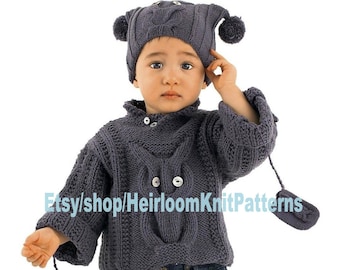 Baby Owl Sweater Hat Mittens Outfit Vintage Knitting Pattern Boy Girl Owl Motif Jumper Pullover Set 3- 12 Months Instant Download PDF - 70