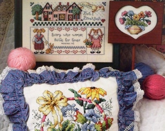 3 Designs Samplers Vintage Cross Stitch Pattern Welcome Bed & Breakfast Sampler Floral Pillow + Flowerpot Sampler Instant Download PDF- 3603