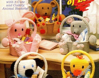 5 Cuddly Animal Baskets Vintage Crochet Pattern Birthday Easter Christmas Decor Gift Basket Idea Bunny Bear Duck Instant Download PDF- 3171