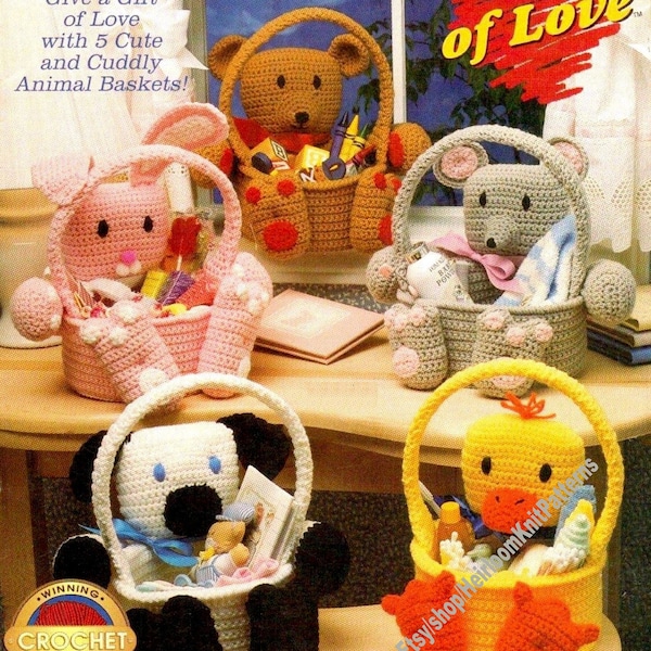 5 Cuddly Animal Baskets Vintage Crochet Pattern Birthday Easter Christmas Decor Gift Basket Idea Bunny Bear Duck Instant Download PDF- 3171