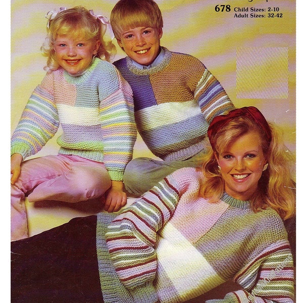 Child Adult Chunky Pullover Sweater Vintage Knitting Pattern Garter Stitch Boy Girl Men Women 32''- 42'' 2- 10 yrs Instant Download PDF-3715