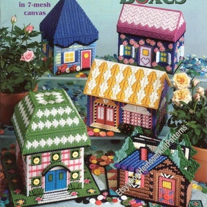 5 Box Buildings Houses Vintage Plastic Canvas Pattern Raised Roof Trinket Boxes Coaster Set Display Christmas Town Instant Download PDF 3632