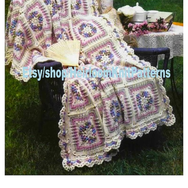 Afghan Crochet Pattern Vintage Granny Square Afghan with Decorative Edging French Country Garden Afghan Pattern Instant Download PDF - 2250