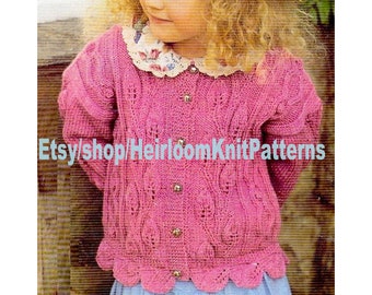 Girls Leaf-Edged Cardigan Vintage Knitting Pattern PDF Knit Girl Cardigan 22-30'' 2- 10yrs DK 8ply Instant Digital Download PDF Pattern - 95