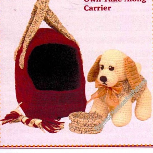 Puppy with Carrier & Accessories Vintage Crochet Pattern Soft Stuffed Dog Toy Pet Spaniel Sweater Bowl Amigurumi Instant Download PDF - 3219