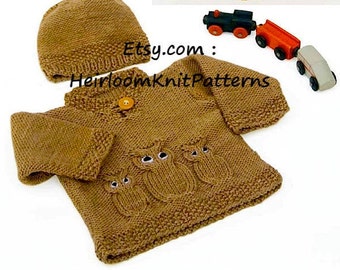 Knit Baby Owl Sweater & Hat Aran Vintage Knitting Pattern 14-20'' Aran 10ply Worsted Knit Baby Boy Girl Jumper Set Instant Download PDF- 795