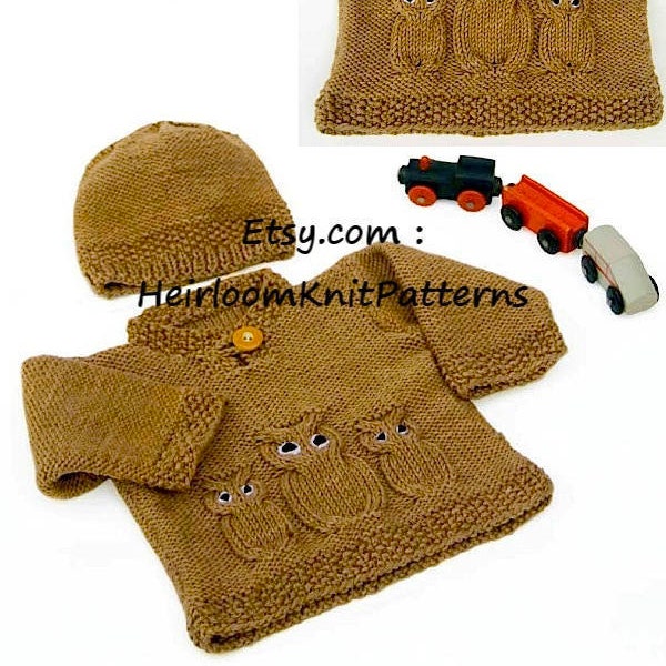 Knit Baby Owl Sweater & Hat Aran Vintage Knitting Pattern 14-20'' Aran 10ply Worsted Knit Baby Boy Girl Jumper Set Instant Download PDF- 795