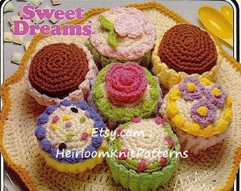 Teller mit Cupcakes Vintage Häkelanleitung Dessert Spielzeug Baby Kind spielen so tun, als Essen Küche Dekor Amigurumi Geschenk Instant Download PDF - 1098