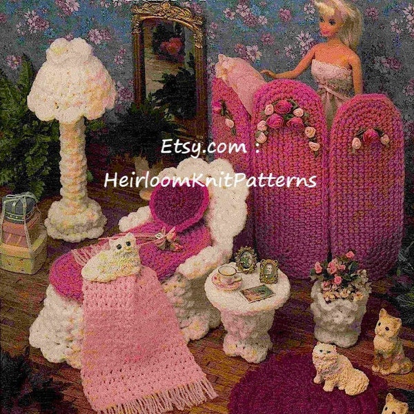 Fashion Doll Dollhouse Furniture Vintage Crochet Pattern Fashion Doll Victorian Boudoir Doll Home Bedroom Decor Instant Download PDF - 2156