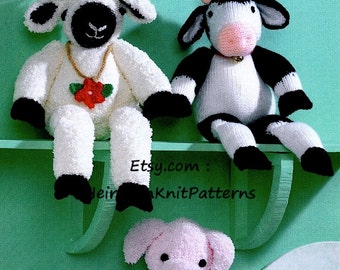 Knit 3 Farmyard Animals: Pig Sheep Cow Pattern Knit Baby Toddler Child Stuffed Toy Animal Toy DK/ 8ply Pattern Instant download PDF - 170