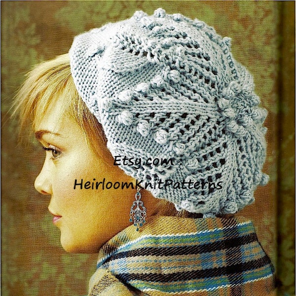 Ladies Lace & Bobble Beret Hat vintage Knitting Pattern PDF Women's Hat Knitting Pattern DK 8ply Hat Cap Beanie Instant Download PDF - 429