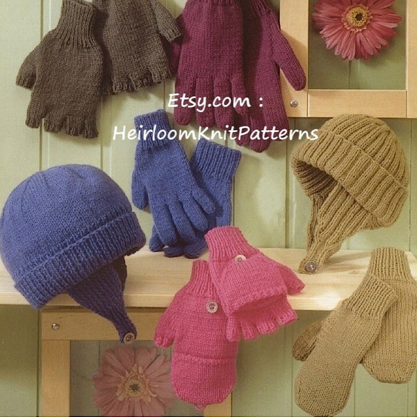 Kids Adults Hats Helmets Mittens Gloves Vintage Knitting Pattern Easy Knit DK 8ply Family Boy Girl Women Men Sets Instant Download PDF - 504