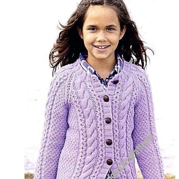 Cardigan torsadé pour enfant Aran vintage Modèle de tricot Rond et col en V 2-3; 4-5 ; 6-7 ; 8-9 ; 10-11 ; 12-13 ans 22- 32'' Téléchargement instantané PDF - 656