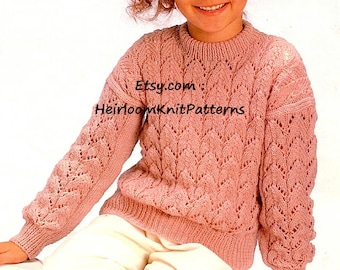 Girl's Lacy Sweater Knitting Pattern PDF Girls Sweater Jumper Pullover  22-32'' DK 8ply Vintage Knit Patterns Instant Download PDF - 338