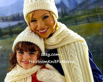 Mother Daughter Aran Hat Scarf Mitts Vintage Knitting Pattern Aran Worsted Knit Adult Child Cable Hat Scarf Set Instant Download PDF - 516