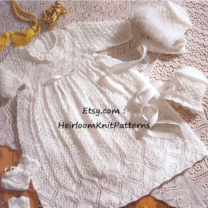 Baby Junge Mädchen Erbstück Taufe Set Vintage Strickmuster Spitze Robe/ Kleid Schal Mütze Mütze Babyschuhe Geburt & 6Monate Sofort Download PDF 582