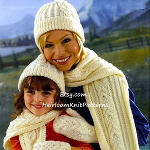 Mother Daughter Aran Hat Scarf Mitts Vintage Knitting Pattern Aran Worsted Knit Adult Child Cable Hat Scarf Set Instant Download PDF - 516