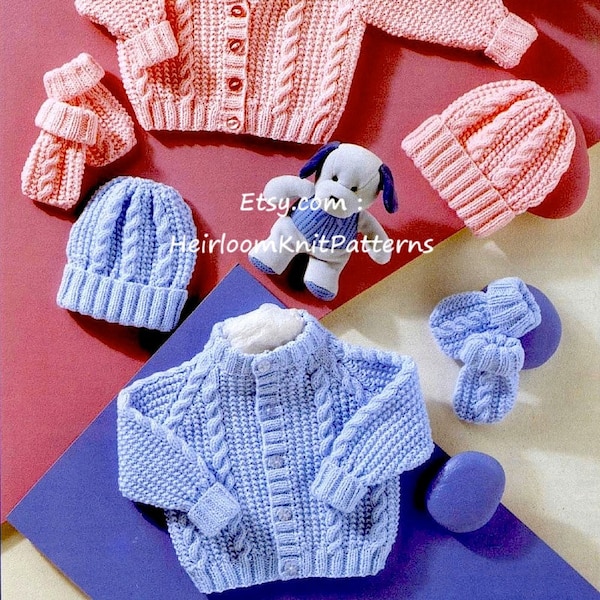 Baby Boy Girl Cable Cardigans Hats and Mittens Vintage Knitting Pattern DK 8ply 12-22'' Premature Baby Sizes incl Instant Download PDF - 298