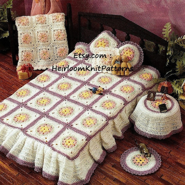Fashion Doll Furniture Vintage Crochet Pattern Teen Doll Bedroom Accessories Bedspread Pillows Tablecloth Afghan Instant Download PDF - 1056