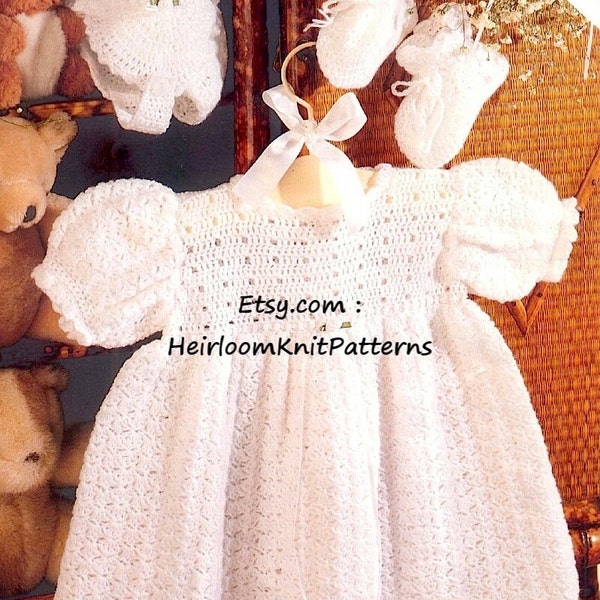 Baby Dress Bonnet Bootees Set Vintage Crochet Pattern Baby Boy Girl Special Occasions Christening Set 16-20'' inch Digital Download PDF- 153