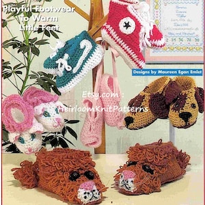 6 diseños de pantuflas para niños, patrón vintage de crochet para niños de 3 a 10 años, descarga digital instantánea en PDF - 1090