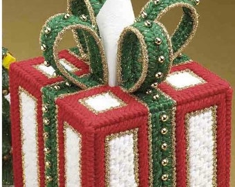 Christmas Gift Tissue Box Topper Vintage Plastic Canvas Pattern PDF Gift with a Bow Holiday Tissue Holder Cover Instant Download PDF - 3004