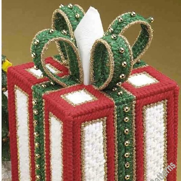 Christmas Gift Tissue Box Topper Vintage Plastic Canvas Pattern PDF Gift with a Bow Holiday Tissue Holder Cover Instant Download PDF - 3004