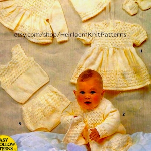 Knit Baby 9-Piece Heirloom Layette Vintage Pattern 4Ply Baby Dress Coat Jacket Bonnet Bootees Mitts Pants Top Instant Download PDF - 2224
