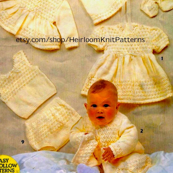 Knit Baby 9-Piece Heirloom Layette Vintage Pattern 4Ply Baby Dress Coat Jacket Bonnet Bootees Mitts Pants Top Instant Download PDF - 2224